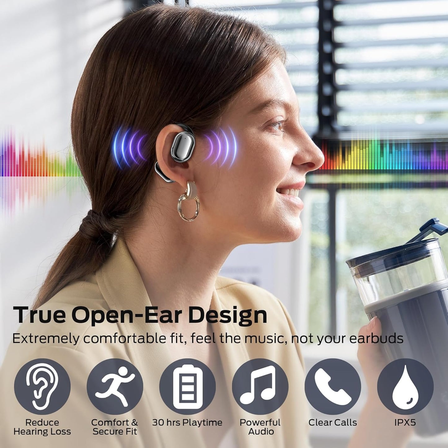 BUGANI Open Ear Headphones, Open Ear Earbuds with Immersive Stereo Sound, Clear Talk, Bluetooth 5.3 Wireless Headphones with Dual Large Driver, 30H Playtime, Waterproof Earbuds for Running,Black