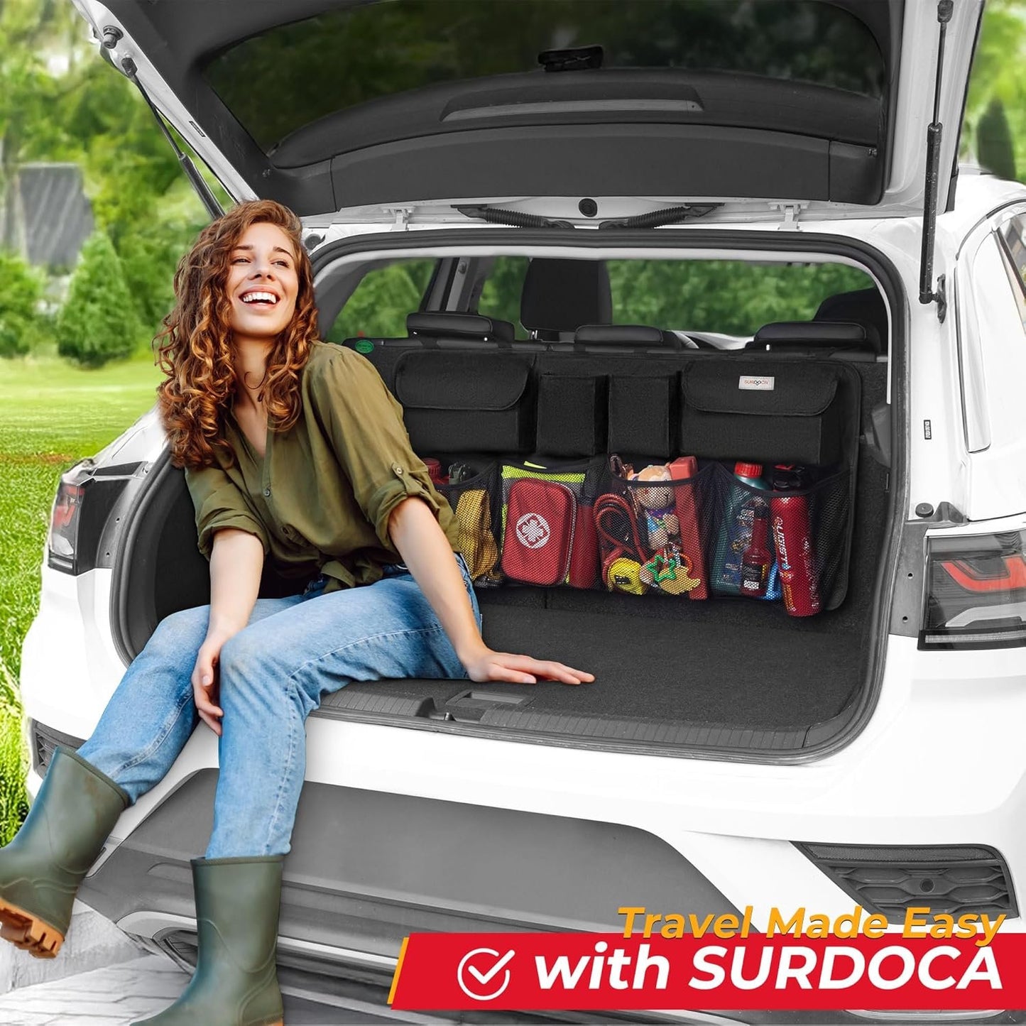 SURDOCA Car Trunk Organizer - 3rd Gen [7 Times Upgrade] Super Capacity Car Hanging Organizer, Car Trunk Tidy Storage Bag with Lids, Space Saving Expert