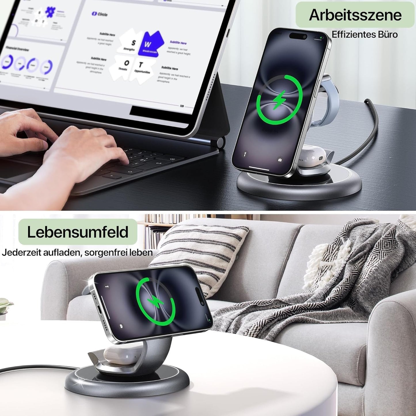 EXW Wireless Charging Station for Magsafe Charger, 3 in 1 Wireless Charger for Apple, Fast Magnetic Charger Stand for iPhone 16/15/14/13/12 Series,Apple Watch 2-10/Ultra,Airpods 4/3/2 Pro (SilverGrey)