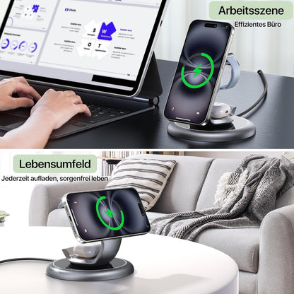 EXW Wireless Charging Station for Magsafe Charger, 3 in 1 Wireless Charger for Apple, Fast Magnetic Charger Stand for iPhone 16/15/14/13/12 Series,Apple Watch 2-10/Ultra,Airpods 4/3/2 Pro (SilverGrey)