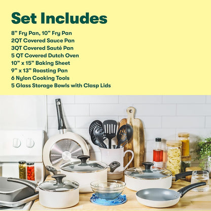 bella Nonstick Cookware Set with Glass Lids - Aluminum Bakeware, Pots and Pans, Storage Bowls & Utensils, Compatible with All Stovetops, 21 Piece, White
