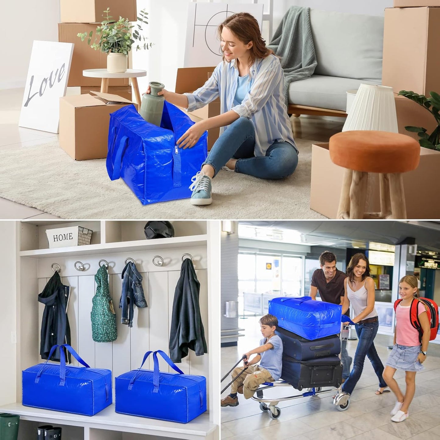 Extra Large Heavy Duty Carry Bags with Backpack Straps, Strong Handles and Zippers, Space Saving Storage Bags, Made of Recycled Material (Blue,Set of 8)
