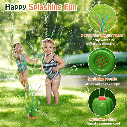 HeySplash Water Sprinkler Toy, Sprinkler for Kids Outdoor Play, Sprinkler Toy with 6 Wiggle Tubes, Outside Backyard Lawn Toys, Splashing Fun for 3-8 Year Old Boys Girls, Attach to Garden Hose, Cactus