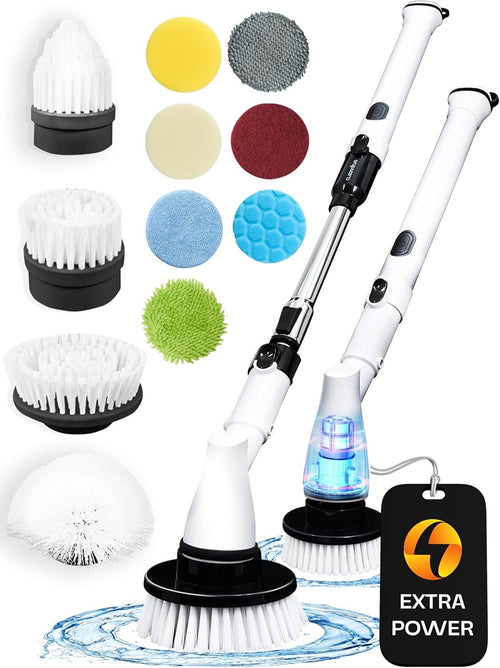 Electric Spin Scrubber Cordless - Bathroom Scrubber with 11 Replaceable Heads - Long Handle Electric Cleaning Brush