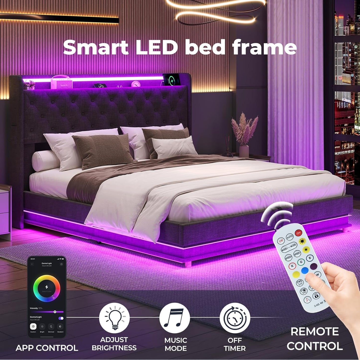 Levede Double Bed Frame,Fabric Upholstered Bed Base with Gas Lift Storage, RGB LED Lights, USB Charging,Headboard,Under Bed Storage Space, Easy Assembly, Bedroom Furniture