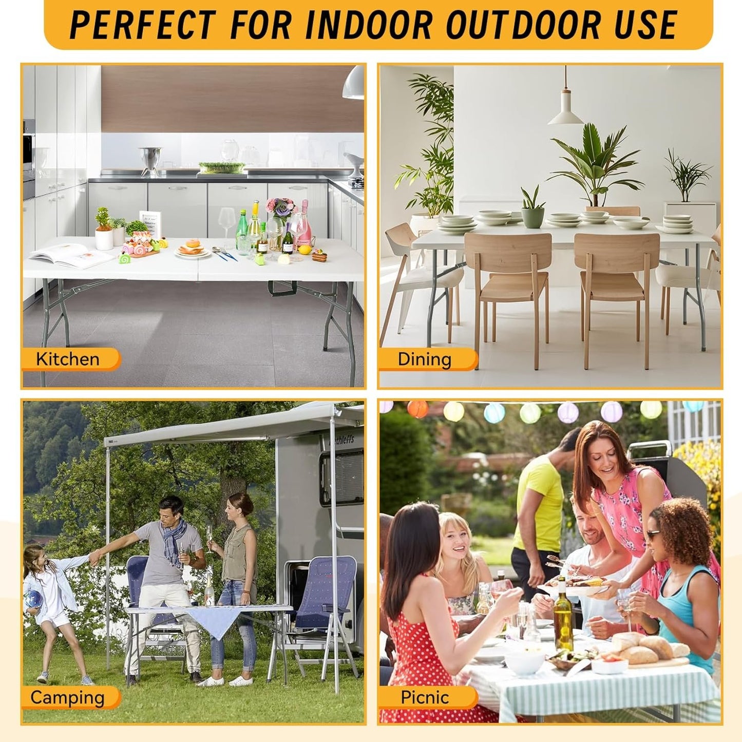 Onlyflame Folding Table 6 Feet Portable Heavy Duty Plastic Dining Table with Handle - Perfect for Dining, Picnic, and Party Indoor/Outdoor