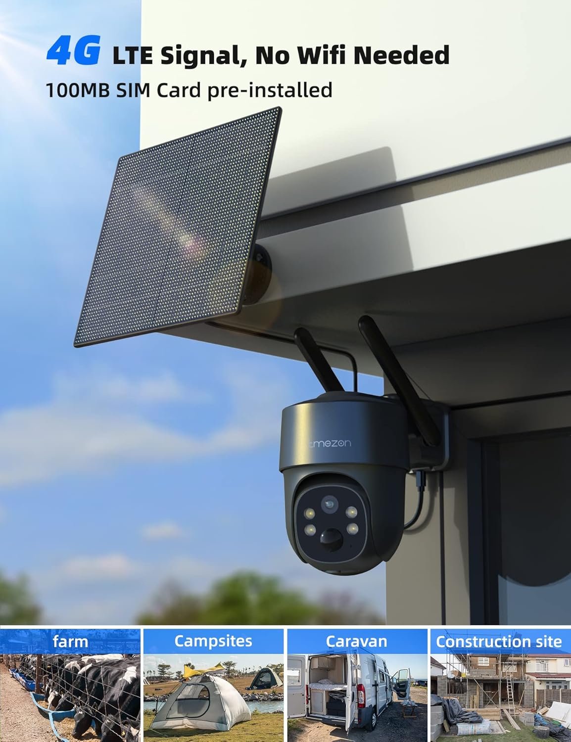 TMEZON 4G LTE Surveillance Security Camera Wireless Outdoor Solar Powered, 2K HD Color Night Vision, Pan Tilt 360Â°View Spotlight, 2-Way Talk, SIM Card & TF Card Included, PIR Motion with Solar Panel