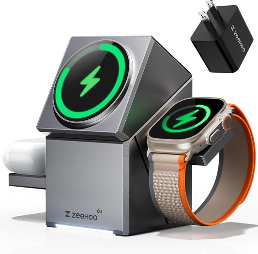 ZEEHOO 3 in 1 Charging Station for Apple MagSafe Charger, CubeTrick-X Qi2 15W Fast Wireless Charger Stand for Apple Watch, for iPhone 16,15,14,13,12 Series, AirPods (30W USB-C Charger Included)