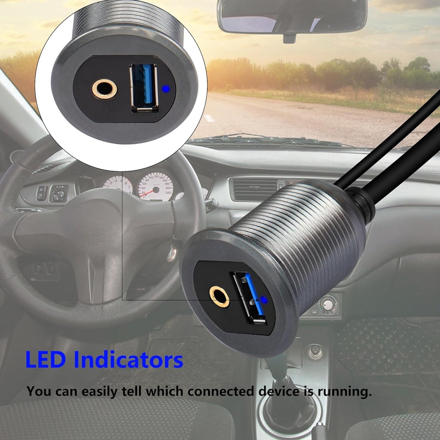SinLoon USB 3.0 & 3.5mm Car Mount Flush Cable 3.3FT AUX Extension Dash Panel Waterproof Mount for Car, Boat, Motorcycle
