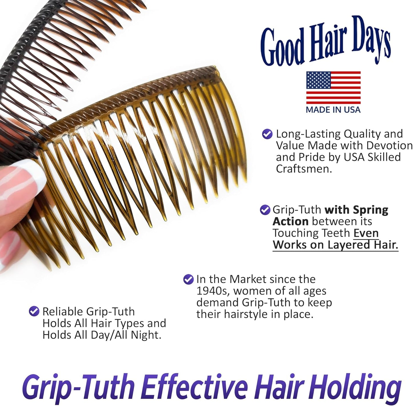 Good Hair Days Grip-Tuth Shorty Combs - Decorative & Styling Combs for Fine and Thin Hair (Crystal, 2 Count - 1 3/4 inch)
