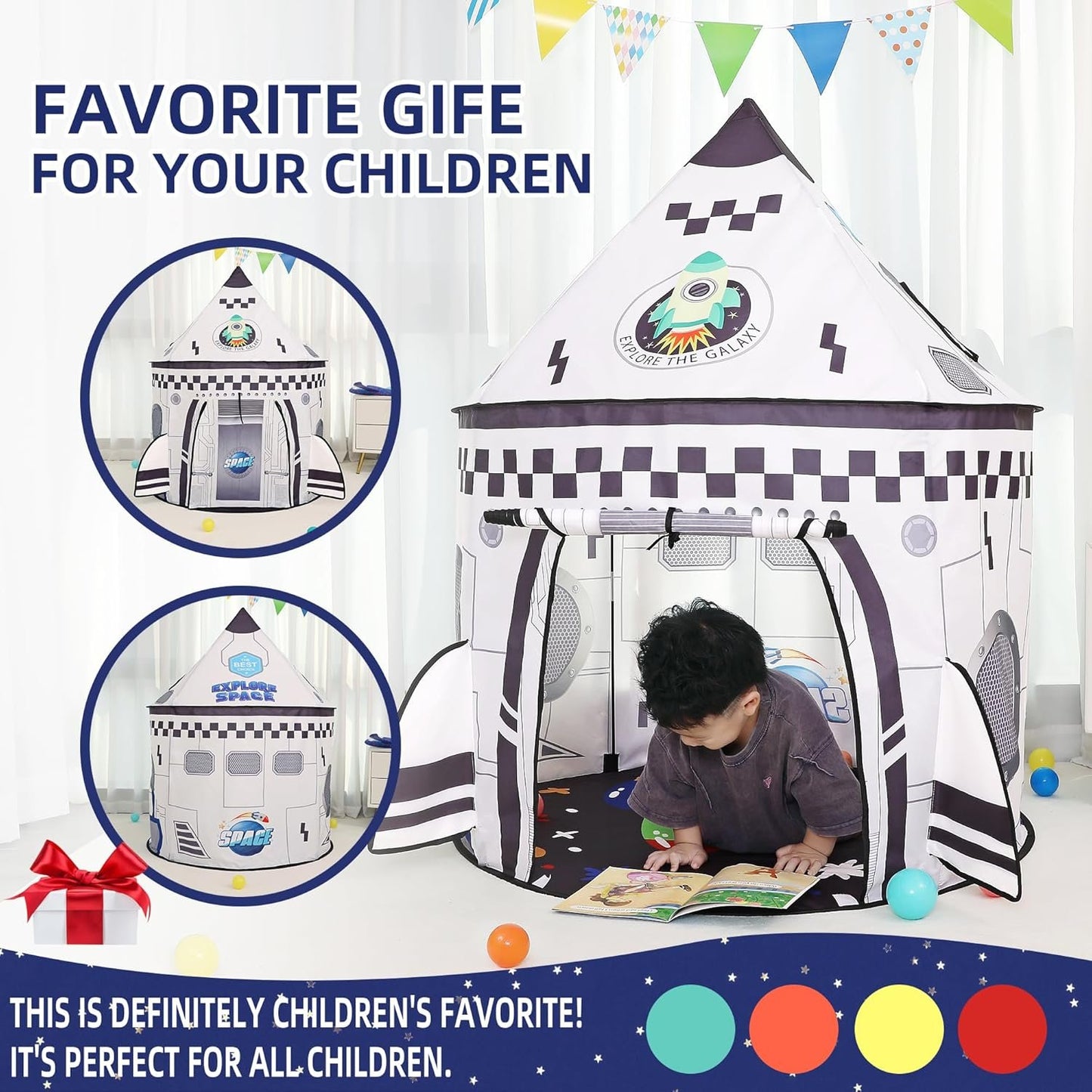 Rockets Kids Play Tent for Indoor Outdoor Astronauts Spaceship Play Tent Kids Large Playhouse Pop Up Tent Rocket Planets Space Kids Play Tent for Boys & Girls Birthday Gift