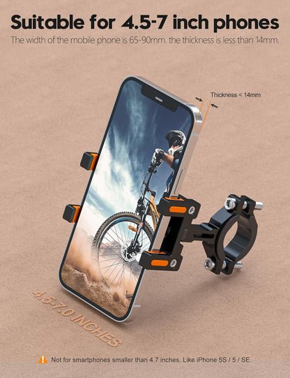 Tiakia Aluminum Bike Phone Mount【Camera Friendly 】 Universal Motorcycle Phone Mount 【Anti Shake & Anti-Theft 】 360° Rotation Bicycle Cell Phone Holder with Silicone Band for 4.5-7 inches Smartphone