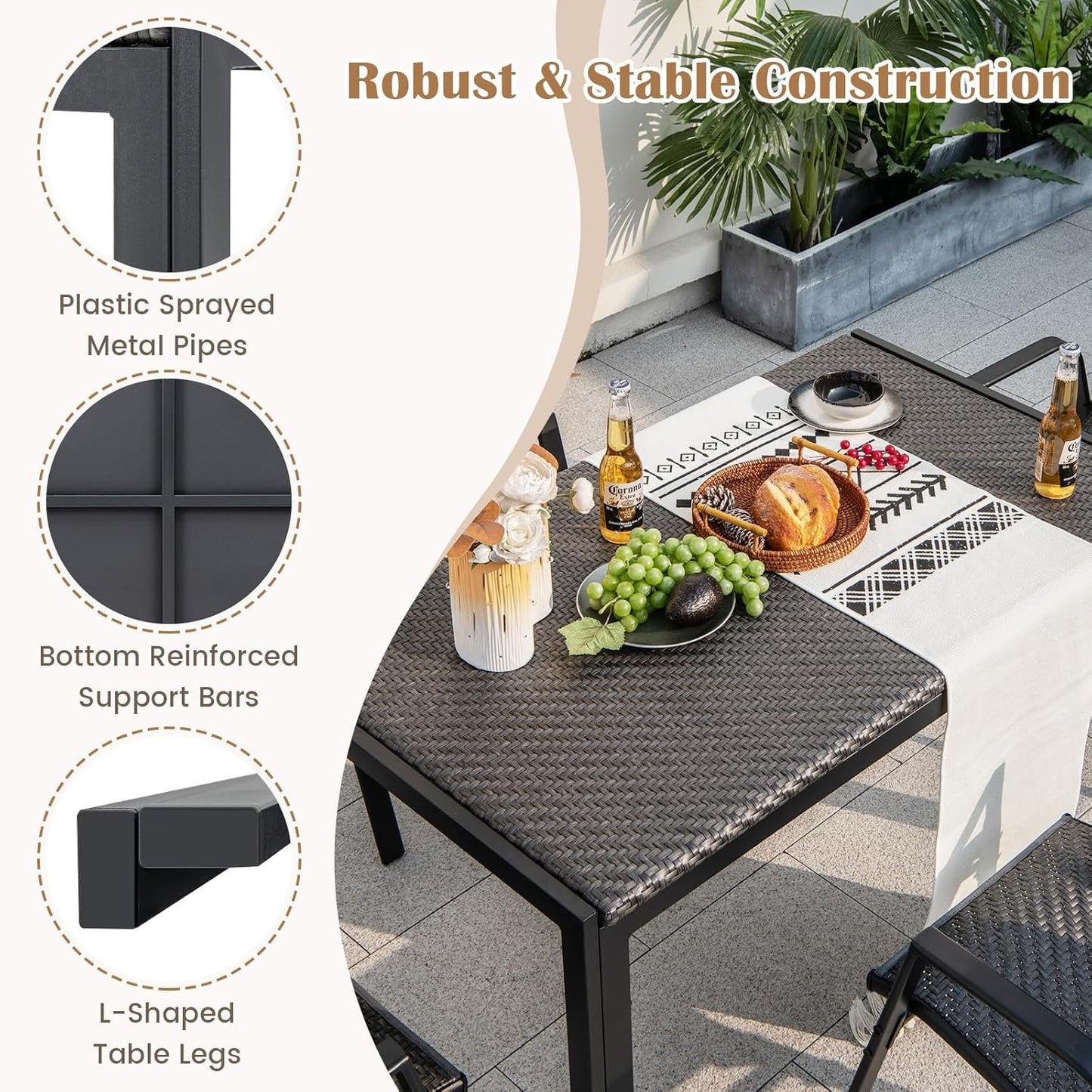 Tangkula Patio Wicker Dining Table for 6, 48 Inch Rectangular Table with Rattan Tabletop & Heavy-Duty Metal Frame, Outdoor Dining Table for Front Porch, Backyard