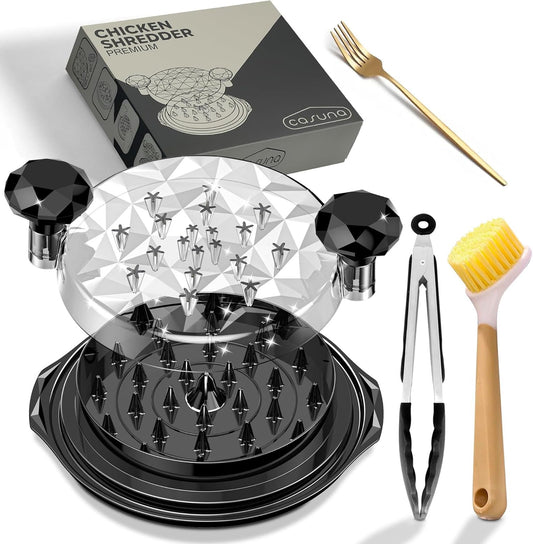 CASUNA Chicken Shredder Tool Twist - Large Meat Shredder Kit with Fork, Clip, Brush - BPA-Free, Anti-Slip Base, Dishwasher-Safe, Ergonomic Handle for Easy Meal Prep