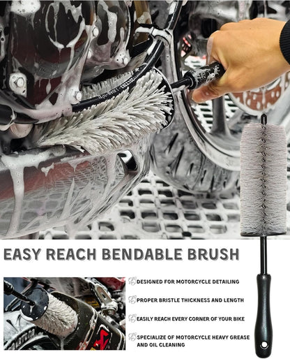 8 Pack Motorcycle Cleaning Kit - Professional Safe for Chrome/Engine/Tires, Hard Reach Brush, Microfiber Mitt, Detailing Tools, Drying Towel & Wax Applicators
