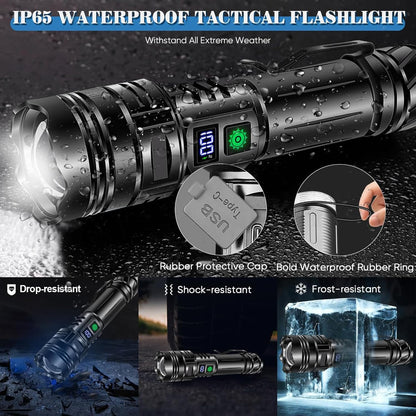 Anyuainiya LED Torch Rechargeable Flashlights High lumens, Super Bright 200000LM Flashlight with Digital Power Display and 5 Modes, Waterproof Zoomable LED Flashlight for Emergencies, Camping, Hiking