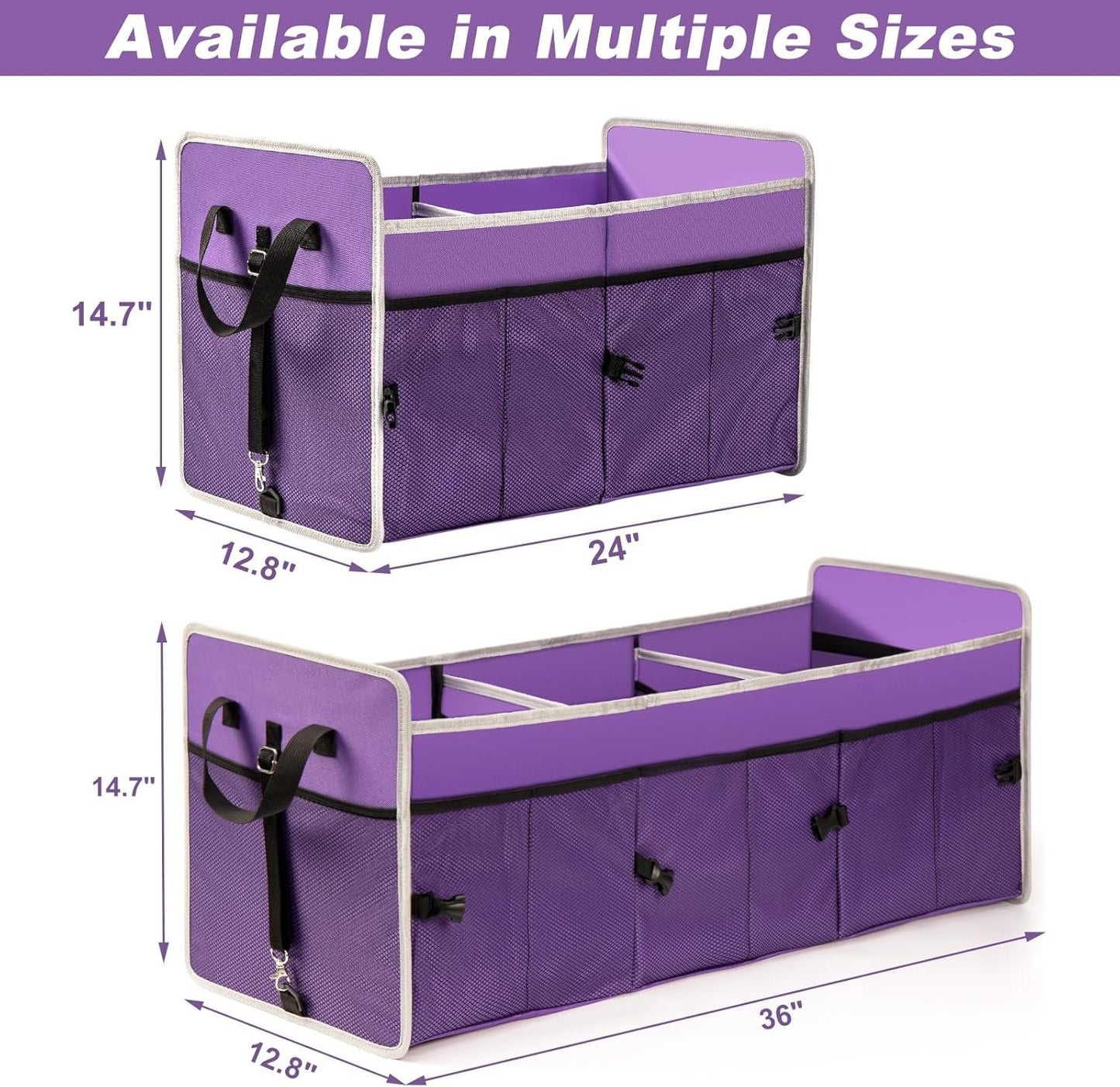 GPUSFAK Purple Car Trunk Organizer with Cooler Bag - 3 Compartment Collapsible Car Storage Organizer for SUV