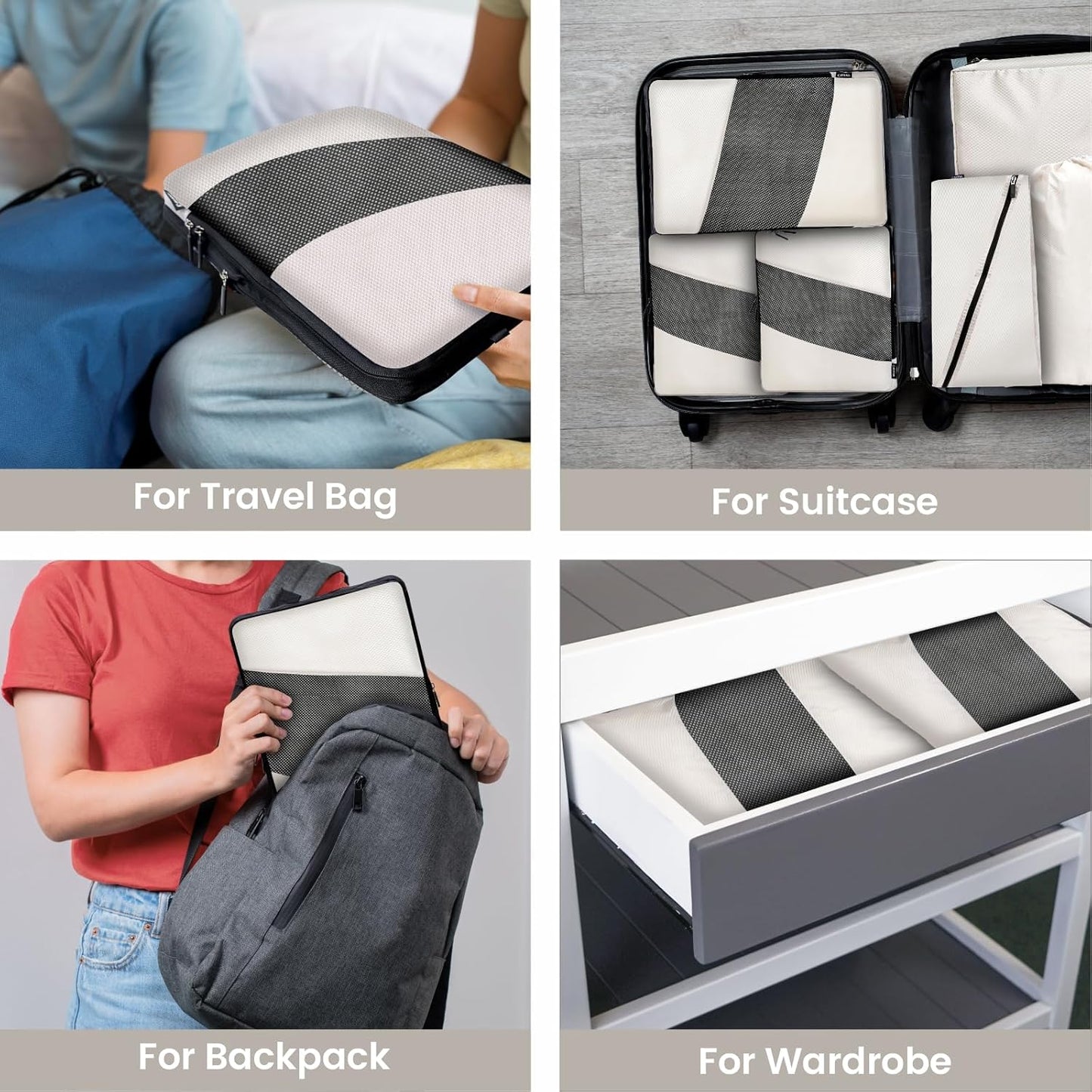 Carttiya Space-Saving Travel Suitcase Organizer Set, Waterproof Expandable Ultralight Compression Packing Cubes, Travel Suitcase Organizers, Travel Backpack Organizer, Cream White, 6 Pieces