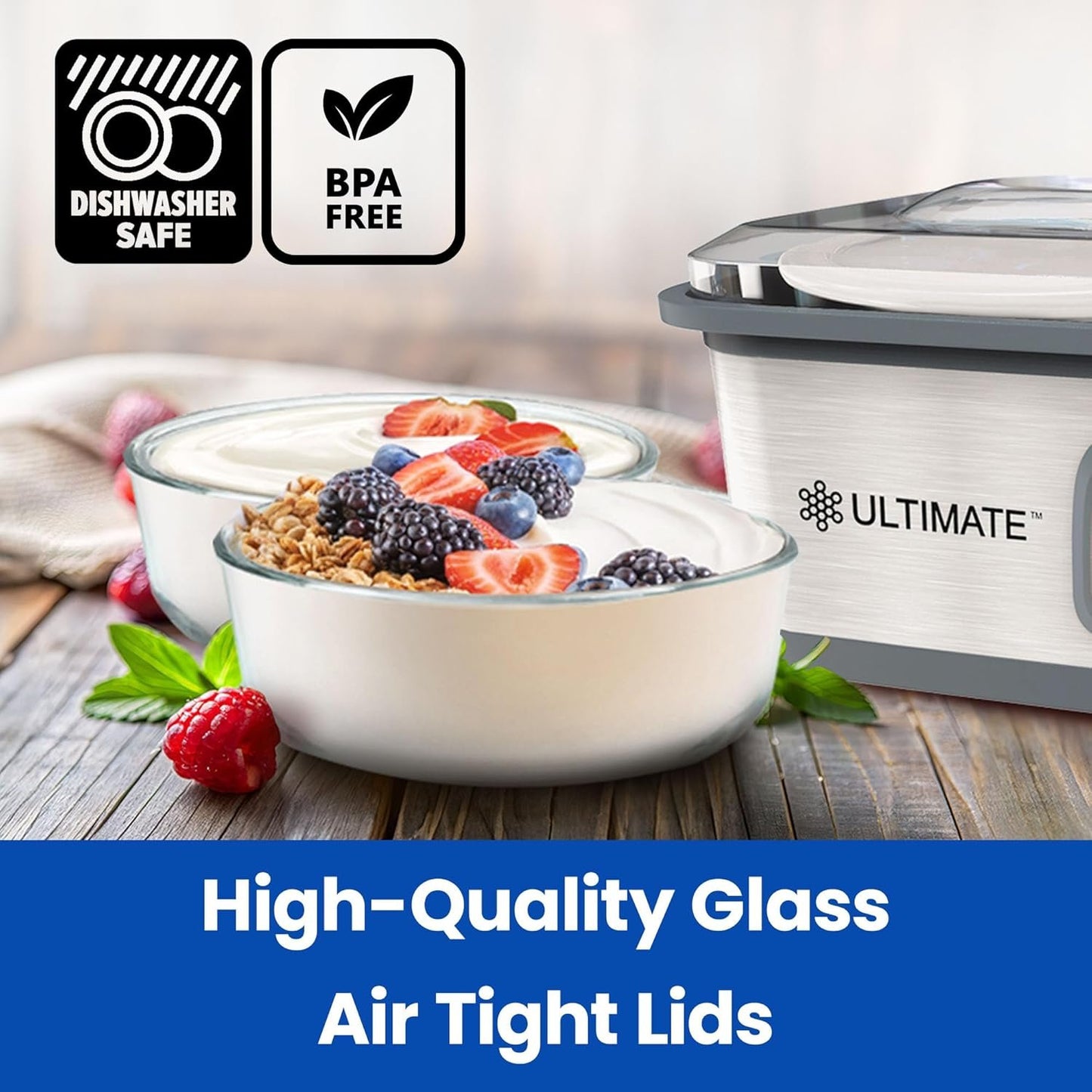 Ultimate Yogurt Containers 2 Pack - Make More Yogurt with 1-Quart Glass Containers (4 Cup) - Perfect for Food Storage & Meal Prep - 100% BPA free & Oven Safe Round Bowl Set with Lids