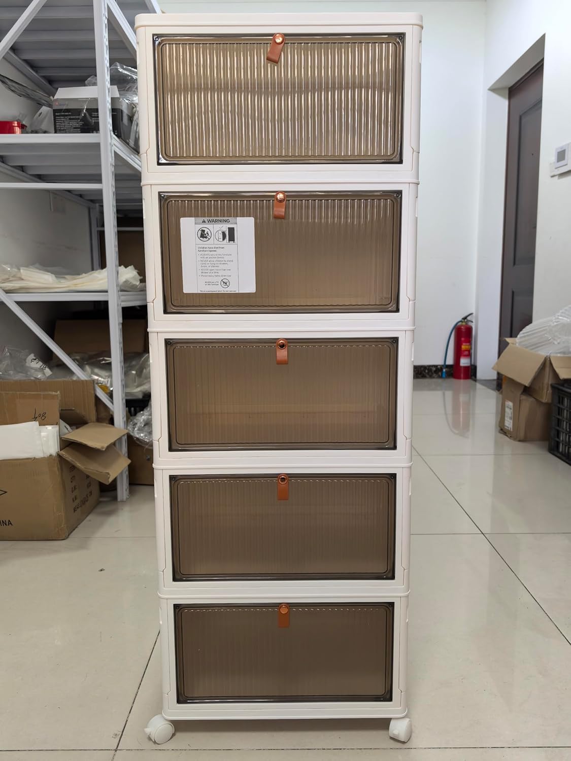 Stackable Storage Bins with Lids, Collapsible Closet Organizers and Storage Bin with Wheels, Foldable Organization Bins for Cabinet, Plastic Containers for Home (White-5 Tier)