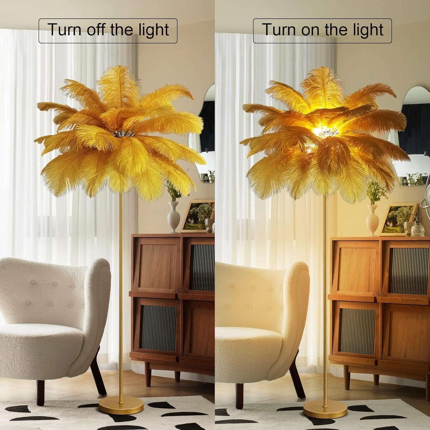 Floor Lamps for Living Room Bright Lighting with Feather Lampshade, Modern Ostrich Feather Floor Lamp with LED Bulbs Standing Lamp for Beroom, Office,Gold,Large