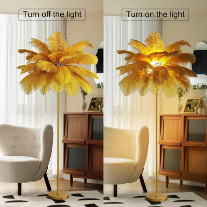 Floor Lamps for Living Room Bright Lighting with Feather Lampshade, Modern Ostrich Feather Floor Lamp with LED Bulbs Standing Lamp for Beroom, Office,Gold,Large