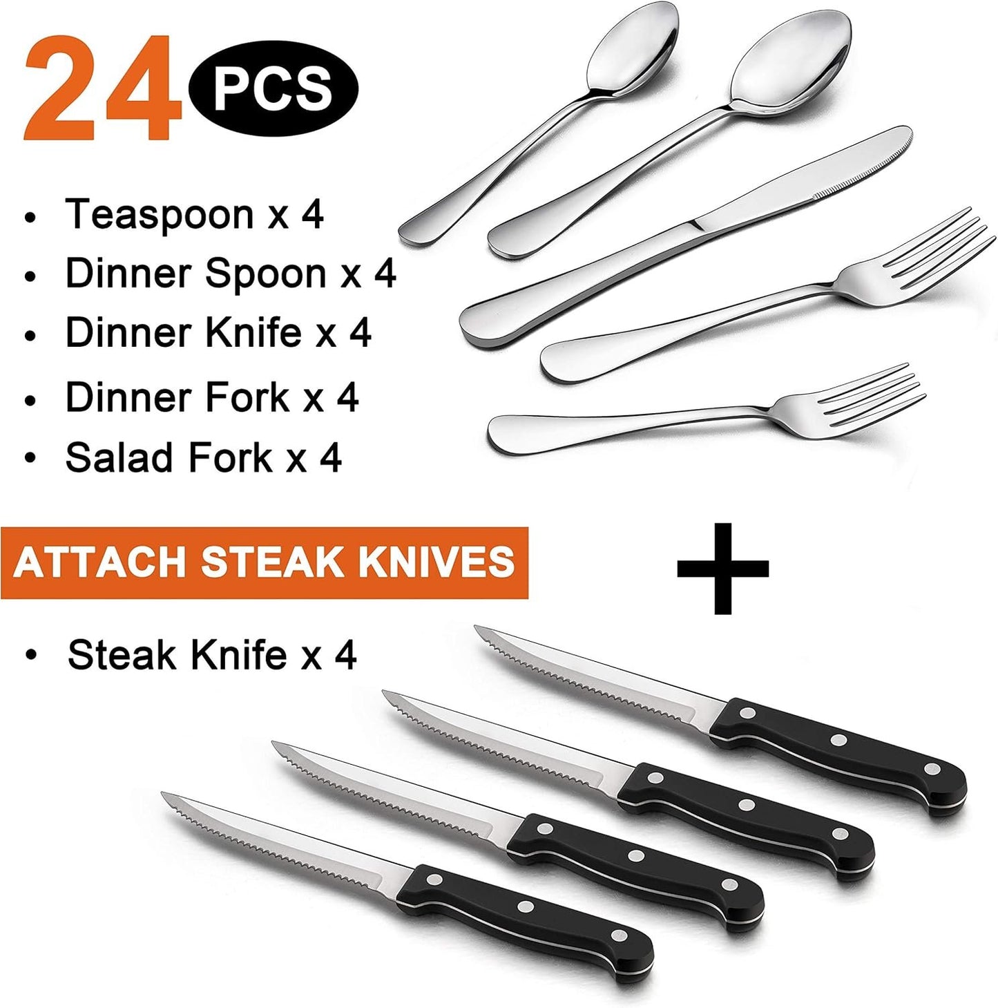LIANYU 24-Piece Cutlery Set with Steak Knives, Stainless Steel Flatware Set for 4, Fancy Silverware Eating Utensils Tableware, Include Fork Spoon Knife, Mirror Finish, Dishwasher Safe