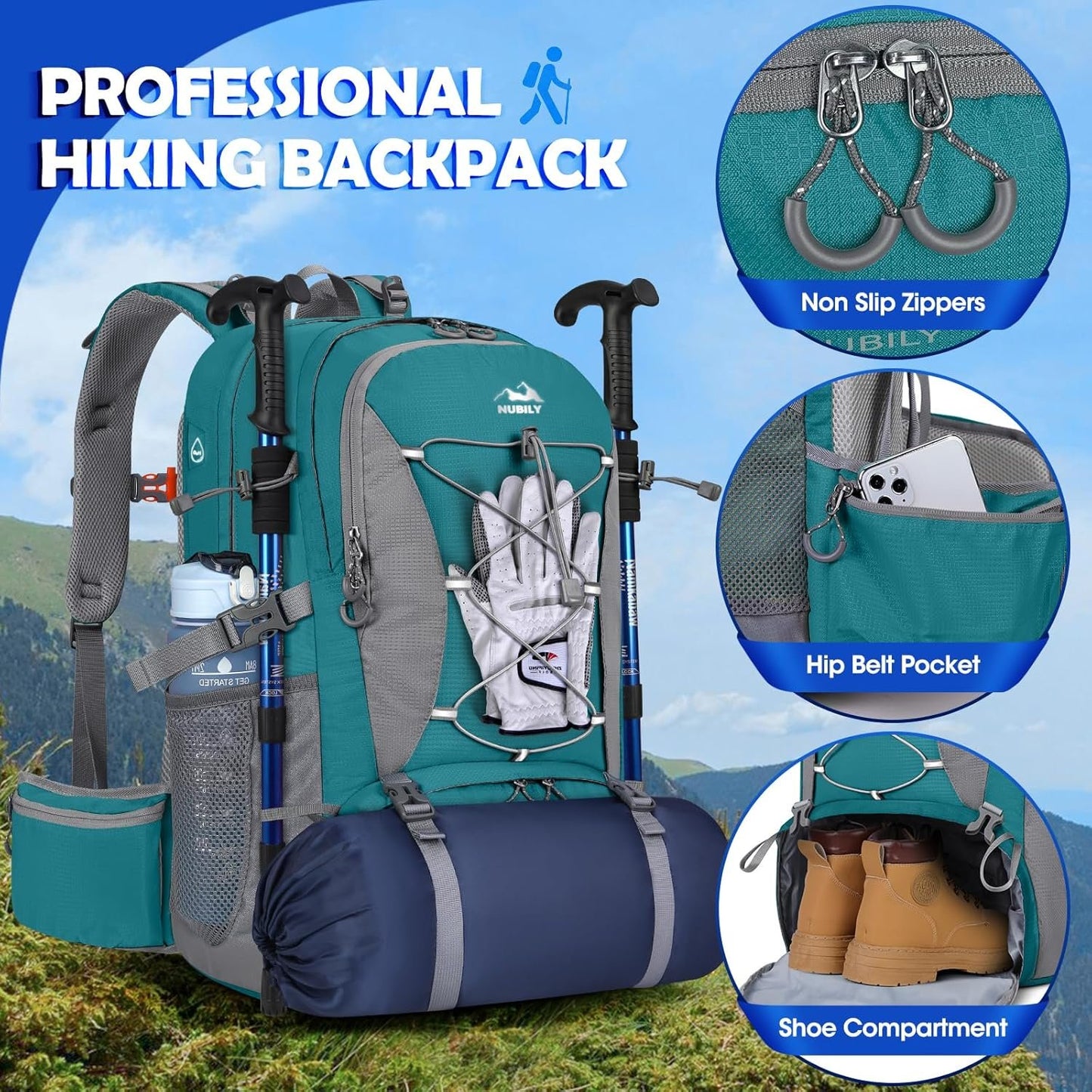 Hiking Backpack for Men 50L Waterproof Camping Backpack with Rain Cover Large Outdoor Sport Travel Backpack for Climbing