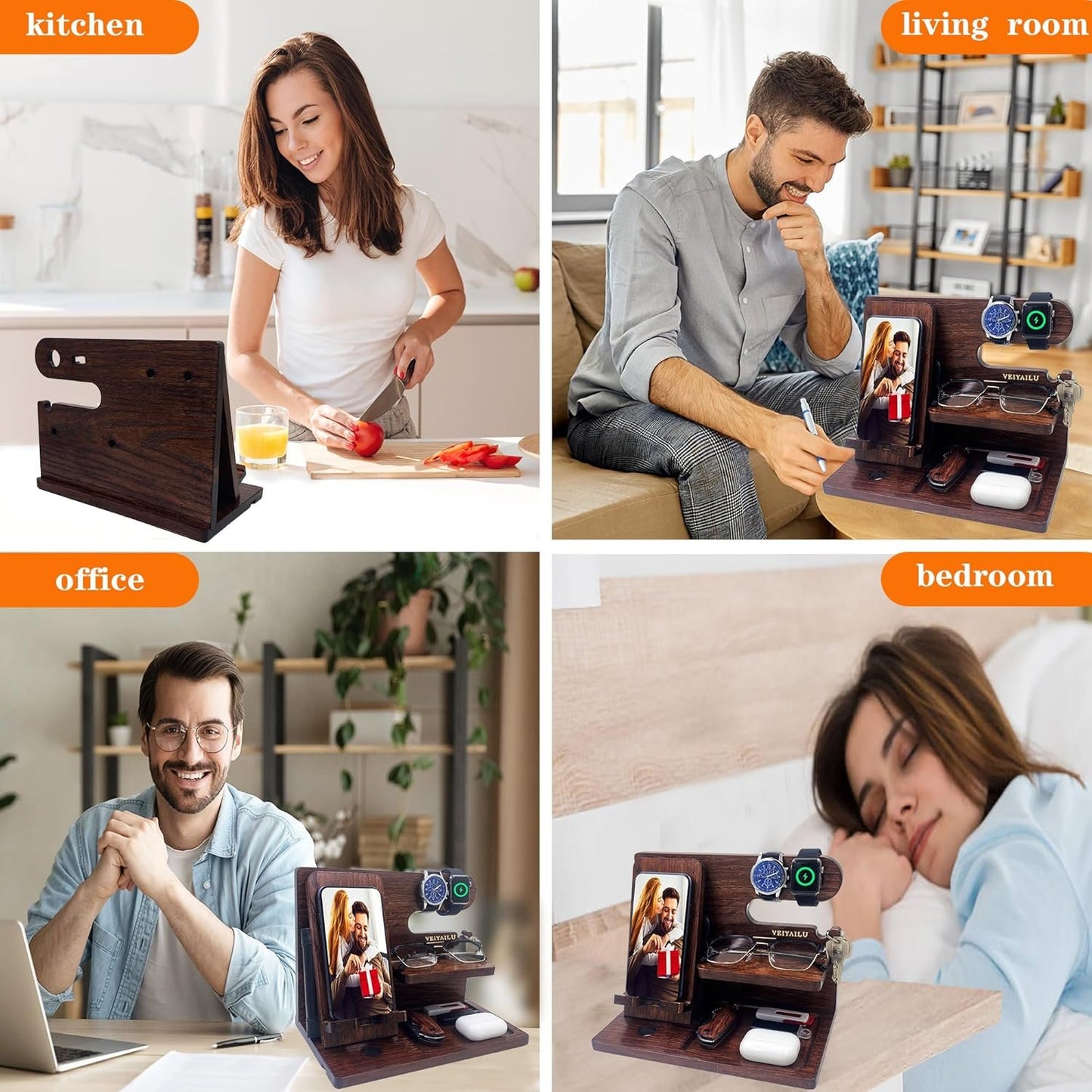 VEIYAILU Gifts for Men Women Brother Boss Boyfriend Him Nightstand Organizer Gifts for Dad from Daughter Son Wood Phone Docking Station (Dark Brown)