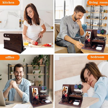 VEIYAILU Gifts for Men Women Brother Boss Boyfriend Him Nightstand Organizer Gifts for Dad from Daughter Son Wood Phone Docking Station (Dark Brown)