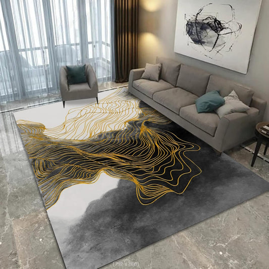 KeletiRug Rectangle Rug Living Room Rugs Non-Slip Washable Modern Carpets Home Decor Abstract Black Ink and Gold Lines of a Great Mountain, 150 x 150 cm