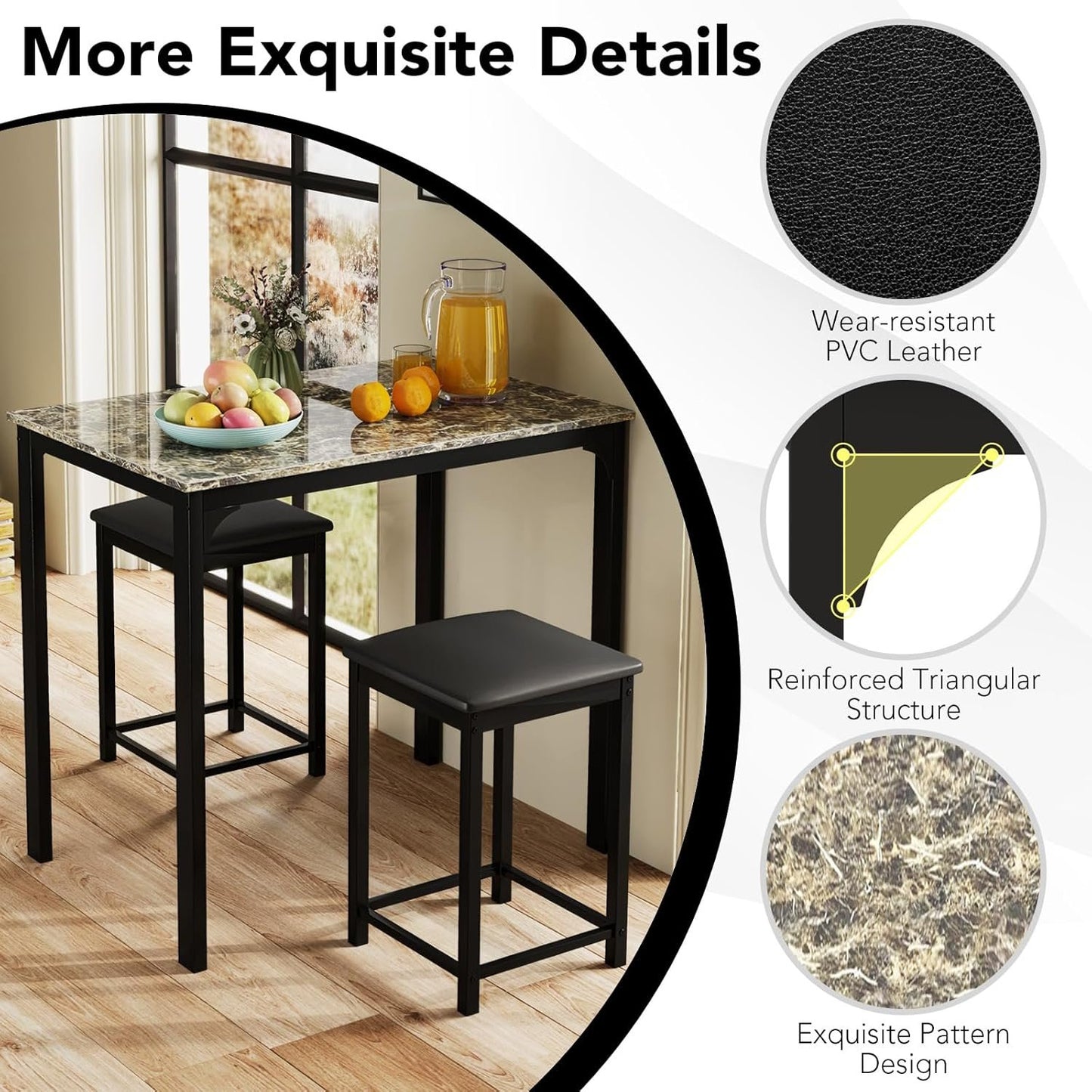 COSTWAY Small Dining Table for 2, Space Saving Dinette Set w/Counter Height Table & 2 Upholstered Bar Stools, Breakfast Nook Table Set, 3-Piece Kitchen Table Chairs Set for 2 for Dorm (Mixed Black)