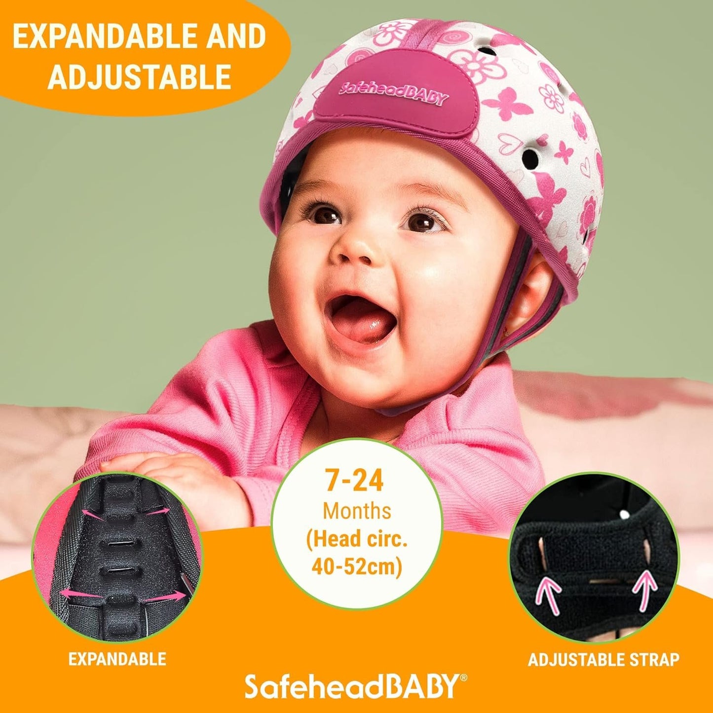 SafeheadBABY Award-Winning Infant Safety Helmet Baby Helmet for Crawling Walking Ultra-Lightweight Baby Heagear Expandable and Breathable Toddler Soft Helmets - Ladybird Pink