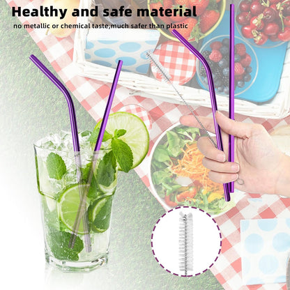 Flatware Set - Travel Camping Cutlery Set - 304 Stainless Steel Portable Utensils Including Case for Lunch School Camping Office (Straw+Straight Straw+Knife+Fork+Spoon+Chopsticks+Cleaning Brush)Purple
