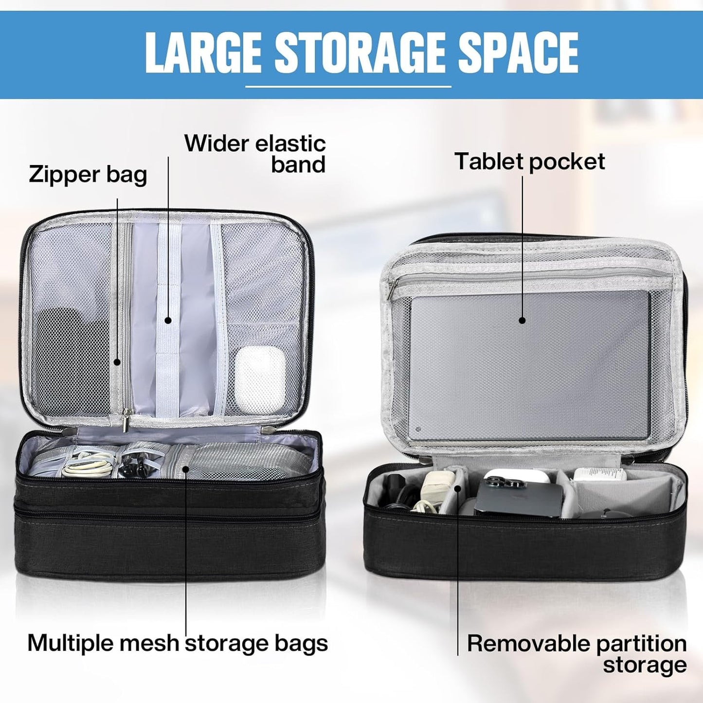 Spardar Cable Organizer, Electronic Organizer Case Universal Travel Bag Electronics Accessories Cases for Cables, Chargers, Earphones, Mouse, Power Bank, SD Card (Black)
