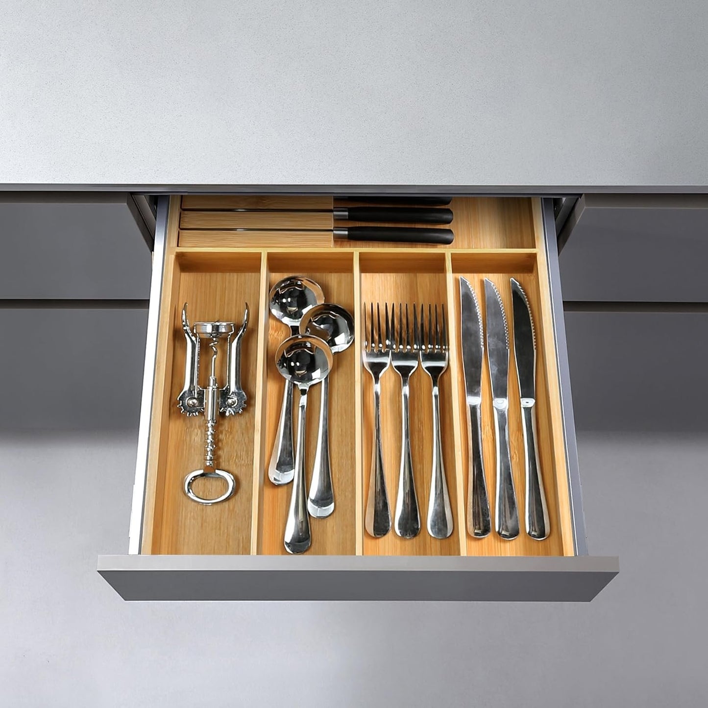 VaeFae Bamboo Cutlery Organizer, Utensil Holder for Drawer, Wooden Cutlery Tray with Divider for Kitchen, Flatware Storage with Removable Knife Block