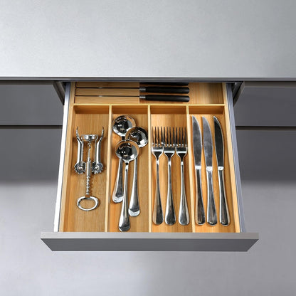 VaeFae Bamboo Cutlery Organizer, Utensil Holder for Drawer, Wooden Cutlery Tray with Divider for Kitchen, Flatware Storage with Removable Knife Block