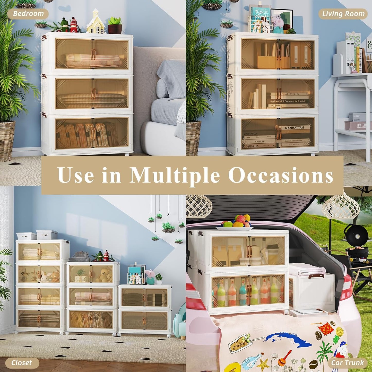 Storage Bins with Lids, 90 Gal/360 Qt Capacity, 3 Pack Large Stackable Storage Bins with Lids, White Collapsible Storage Bins with Wheels, Foldable, Customizable, for Home Office Organization