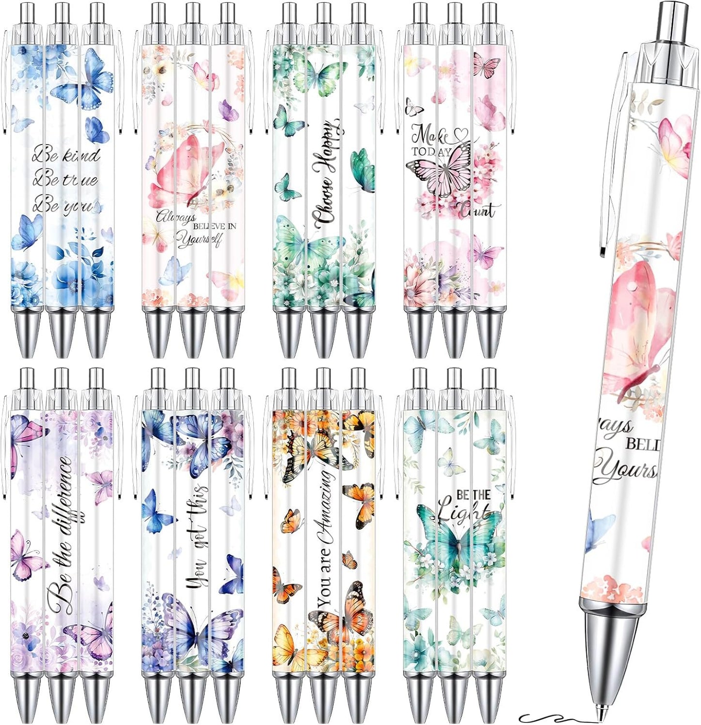 Wxiben Butterfly Inspirational Ballpoint Pens - 24PCS Butterfly Print Pens Set Retractable Positive Flower Pens Smooth Writing Floral Pens for Office Stationery School Supplies for Women Teacher Gift
