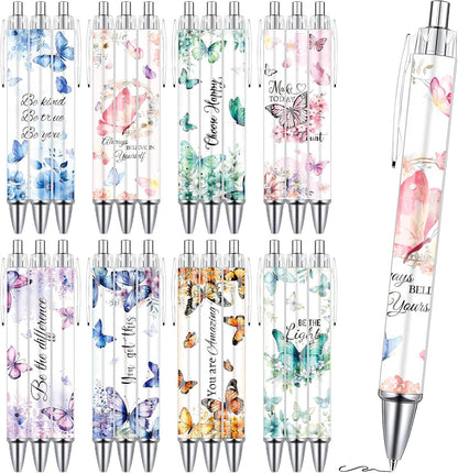Wxiben Butterfly Inspirational Ballpoint Pens - 24PCS Butterfly Print Pens Set Retractable Positive Flower Pens Smooth Writing Floral Pens for Office Stationery School Supplies for Women Teacher Gift