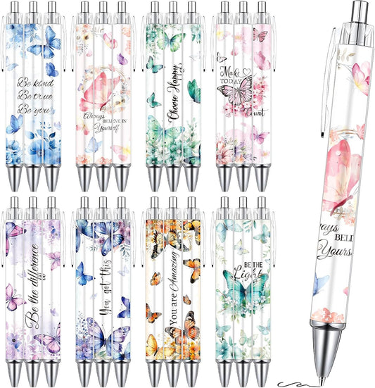 Wxiben Butterfly Inspirational Ballpoint Pens - 24PCS Butterfly Print Pens Set Retractable Positive Flower Pens Smooth Writing Floral Pens for Office Stationery School Supplies for Women Teacher Gift