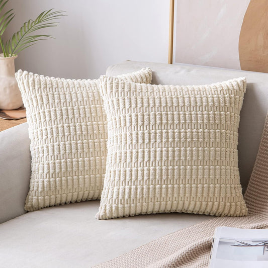 MIULEE Pack of 2 Corduroy Throw Pillow Covers Soft Decorative Boho Striped Cushion Covers Farmhouse Home Decor Pillowcase for Spring Sofa Living Room Couch Bed 18x18 Inch Cream White