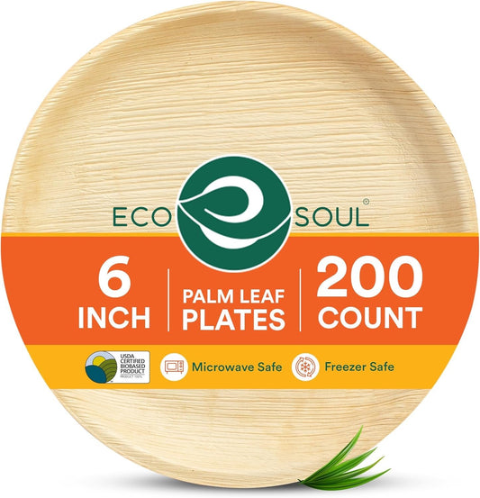 ECO SOUL 100% Compostable, Biodegradable, Disposable Palm Leaf Plates | Like Bamboo Plates, Eco-friendly 6' Sturdy, Microwave & Oven Safe Party, Wedding, Event (200 Count 6'', Round) (PLP6RO200)