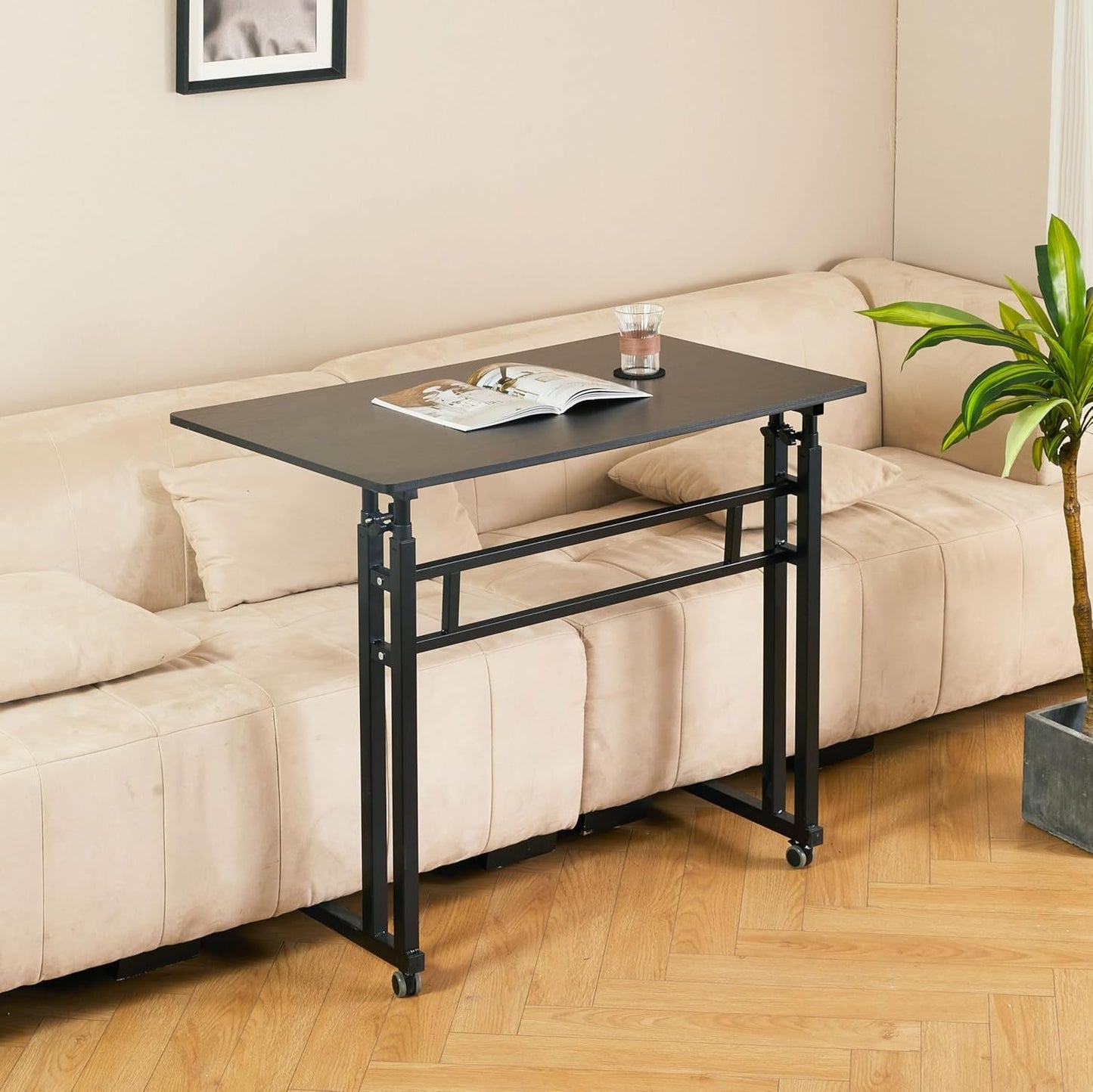 Aerkenga Standing Desk Small Computer Desk, 100 CM Height Adjustable Sit to Stand Desk, Rolling Mobile Desk Portable Laptop Desk for Home Office Use, Black