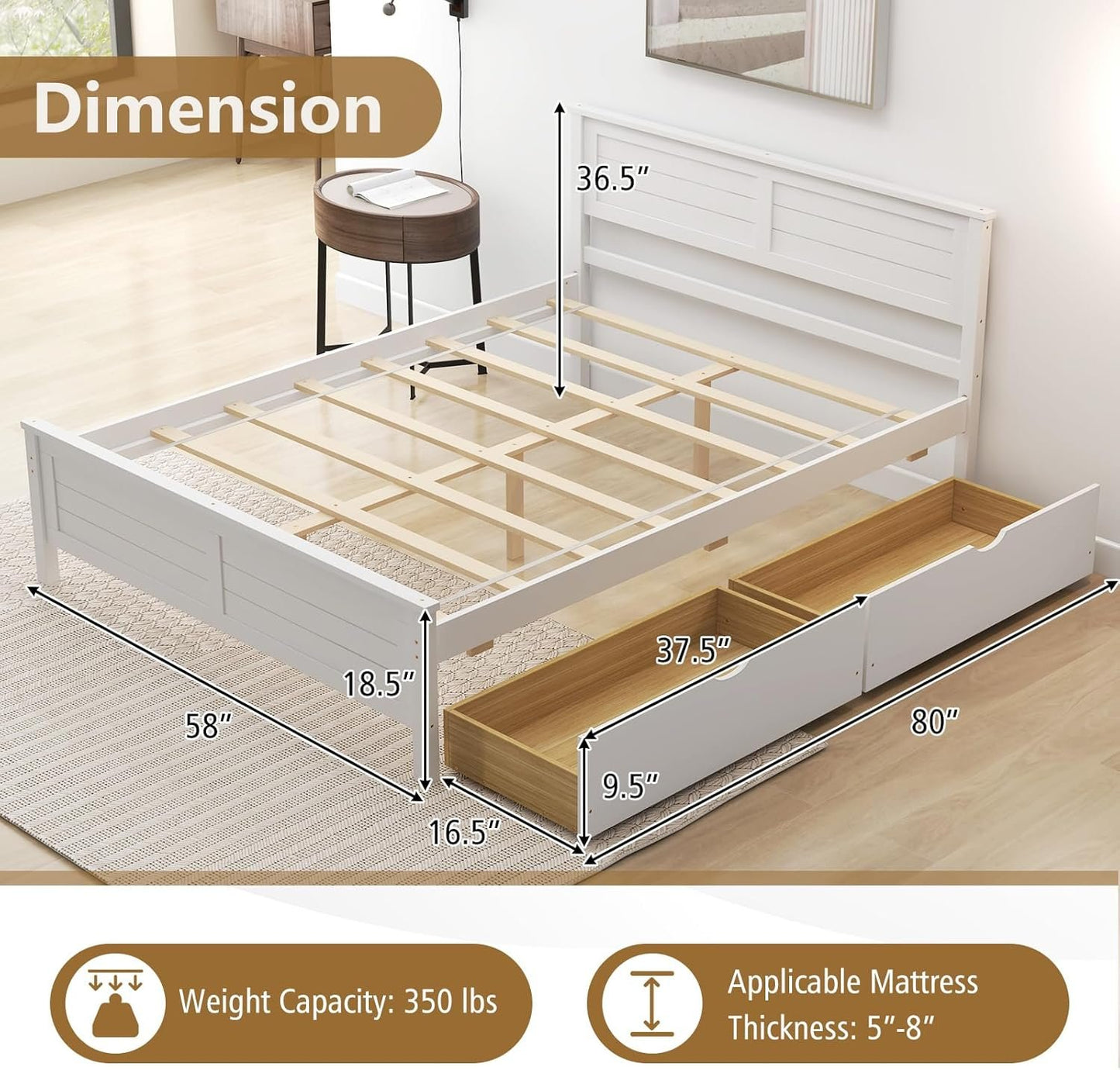 KOMFOTT Full Size Wood Bed Frame with 2 Storage Drawers, Mid Century Platform Bed Frame with Headboard, Sturdy Wooden Slats Support, Modern Mattress Foundation, No Box Spring Required, Easy Assembly