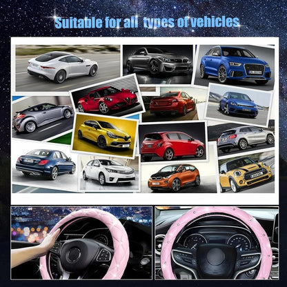 SuperKaKa Pink Steering Wheel Cover, Auto Cute PU Diamond Bling Breathable Slip-Proof Soft Comfort Leather Car Interior Accessories Protector Sparkly Fit Most O-Shaped Steering Wheels for Women Men
