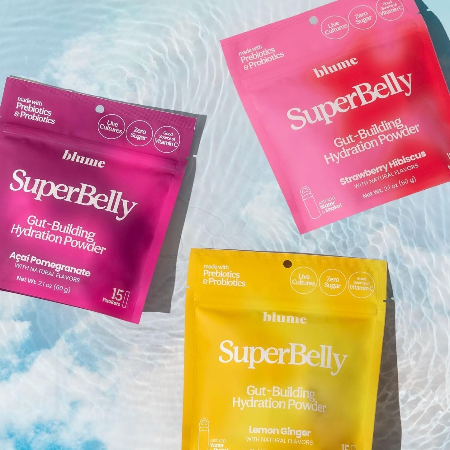 Blume SuperBelly Gut Health Hydration Packets, Made in Canada, Sugar-Free, with Prebiotics, Probiotics, Apple Cider Vinegar, and Electrolytes, Lemon Ginger, 15 Sticks