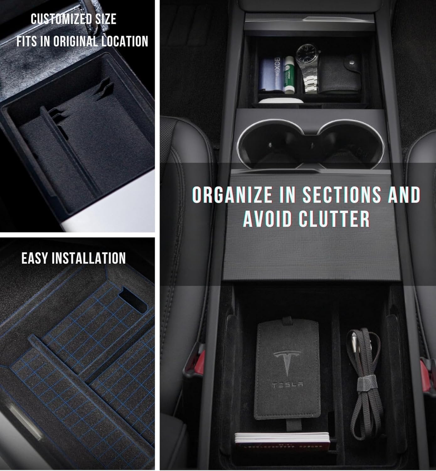 STARFLY Upgraded Center Console Organizer Tray for 2024 Refreshed Tesla Model 3 Highland Flocked Armrest Drawer Storage Box Interior Accessories
