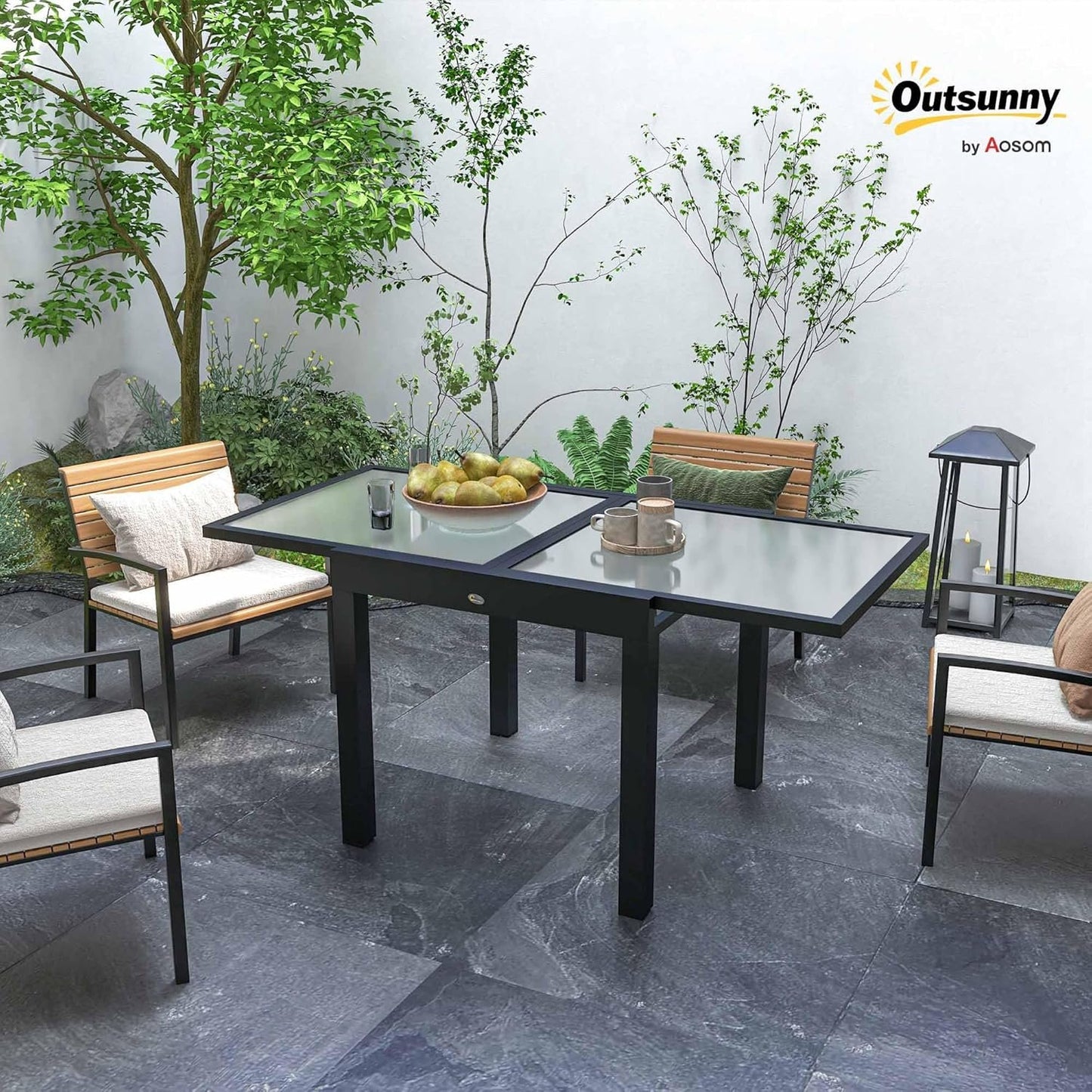Outsunny 63" Extendable Outdoor Dining Table Patio Table with Aluminum Frame and Tempered Glass Tabletop, Clear