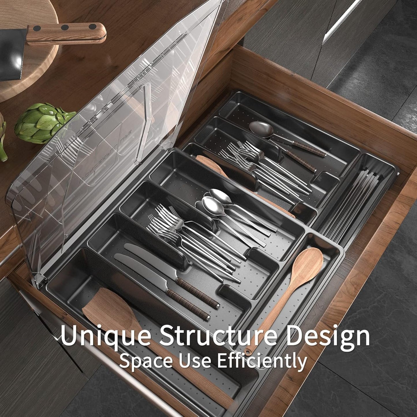 Kurberson Double Layer Silverware Tray with Lid, Drawer Organizer for Utensil Tray, Cutlery Storage Holder with Cover, Black
